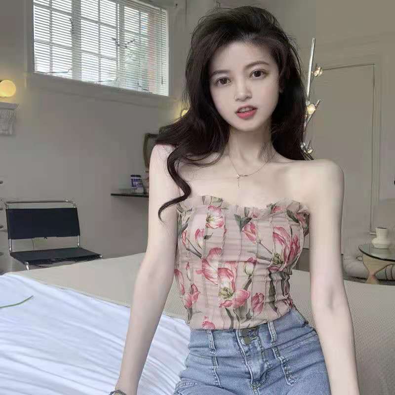 Áo Ống Mỏng Hở Lưng Họa Tiết Hoa Phong Cách Pháp Cho Nữ