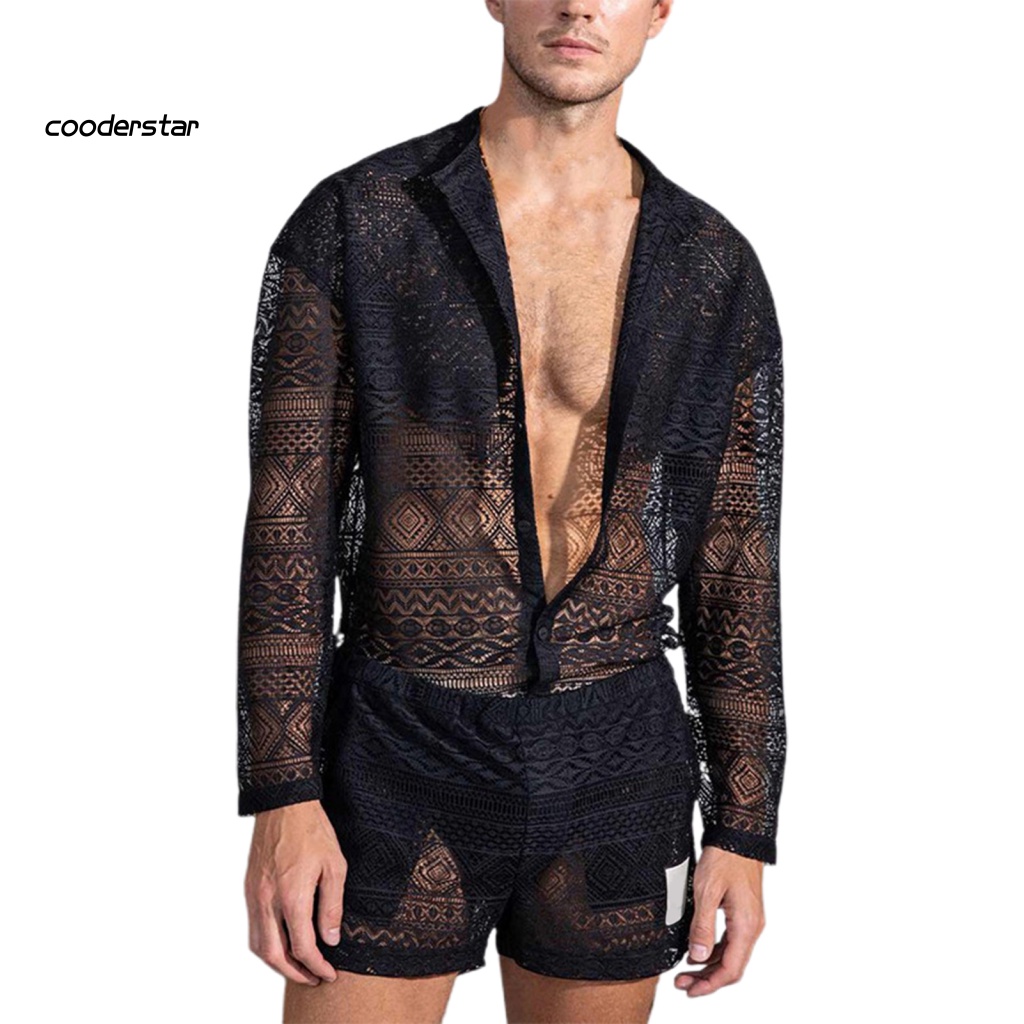 1 Bộ Áo Ren Lưới Xuyên Thấu Màu Trơn Phối Quần Short Thời Trang Mùa Thu Sang Trọng Cho Nam