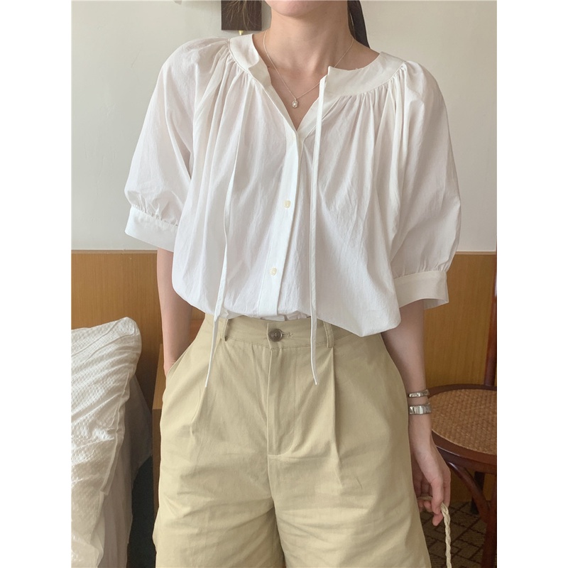 Áo Sơ Mi Tay Ngắn Cổ Tròn Màu Trơn Đơn Giản Thời Trang Mùa Hè Hàn Quốc Cho Nữ