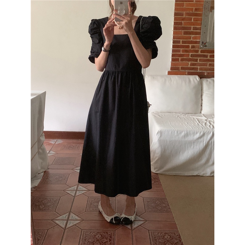 Đầm Cổ Vuông Tay Phồng Màu Trơn Thời Trang Mùa Hè Hàn Quốc Cho Nữ