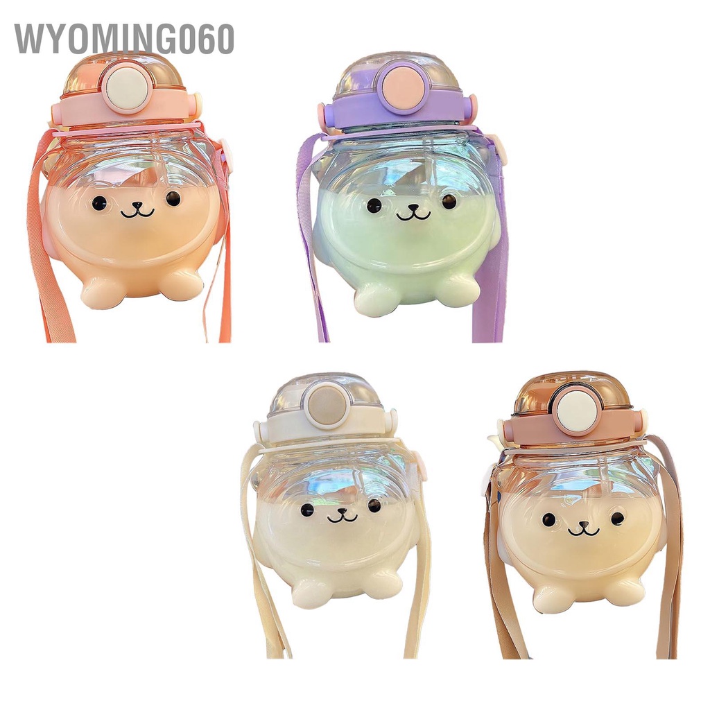 Wyoming060 Bình Nước Lớn 1000Ml Tập Uống Di Động Hình Gấu Hoạt Có Dây Đeo Ống Hút Cho Mùa Hè
