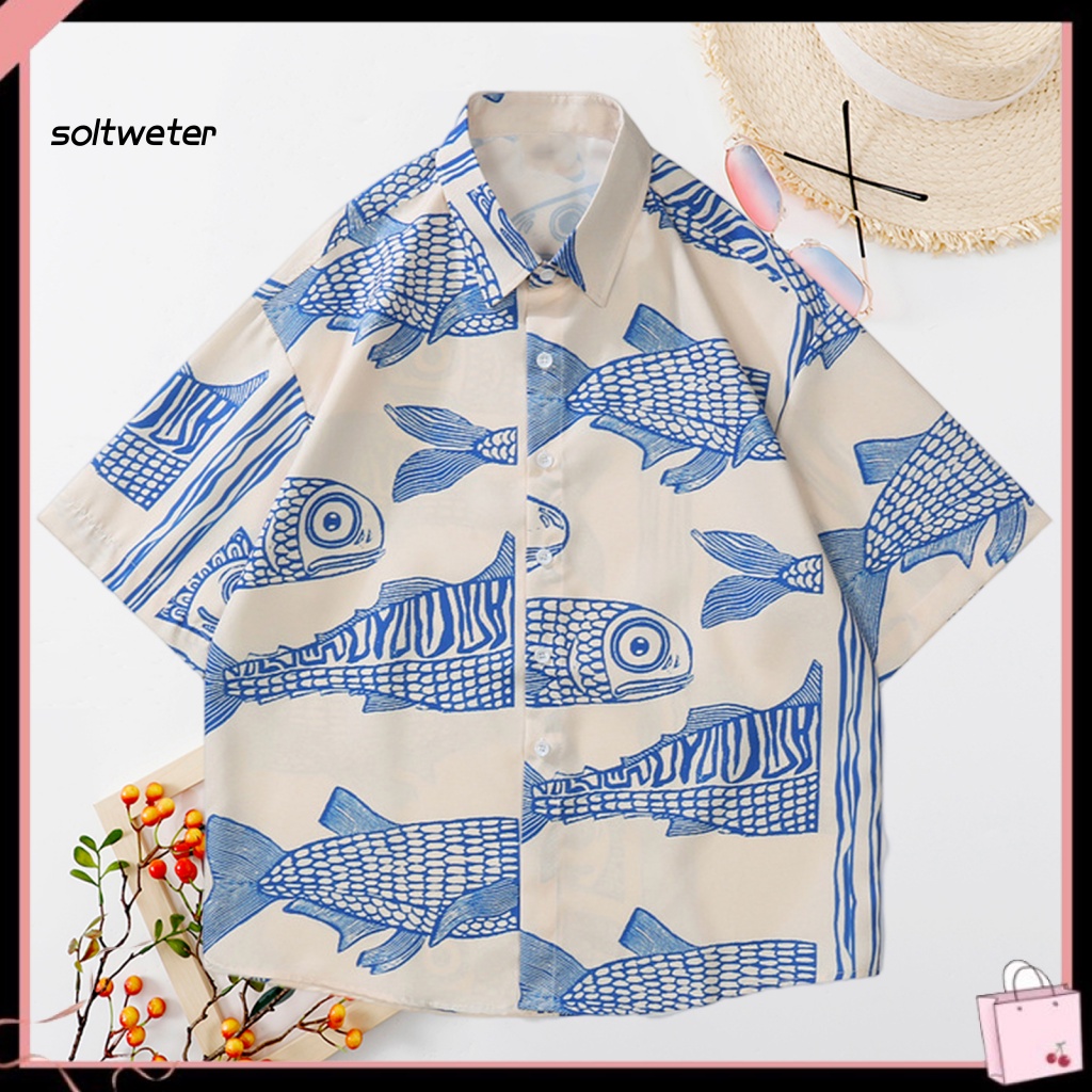 Áo Sơ Mi Tay Ngắn Cổ Bẻ In Họa Tiết Cá 3D Plus Size Thời Trang Đường Phố Mùa Hè Cho Nam