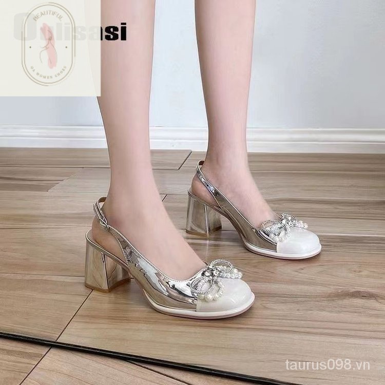 Sandal Cao Gót Da PU 6-8cm Mũi Vuông Phối Khóa Cài Phong Cách Thời Trang Mới 2023