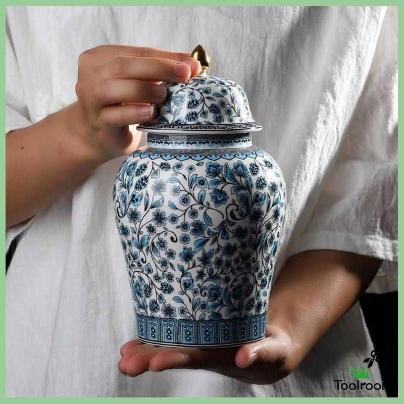 Lọ Gốm Đựng Gừng / Tráng Men Vẽ Tay Có Nắp Đậy Kiểu Trung Tâm Chuyên Nghiệp
