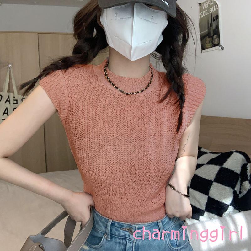Áo Croptop Dệt Kim Tay Ngắn Màu Trơn Dễ Thương Thời Trang Mùa Hè Cho Nữ