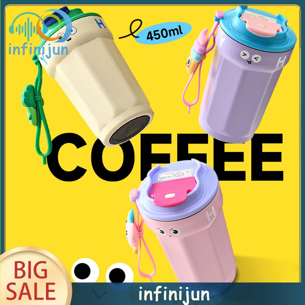 Bình Nước 450ML Bằng Thép Không Gỉ In Họa Tiết Hoạt Hình Dễ Thương Tiện Dụng Mang