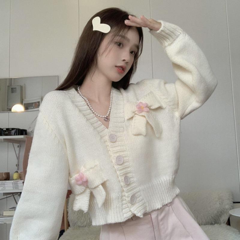 Áo Cardigan Dệt Kim Mềm Dáng Rộng Cổ Chữ V Thắt Nơ Xinh Xắn Thời Trang Cho Nữ