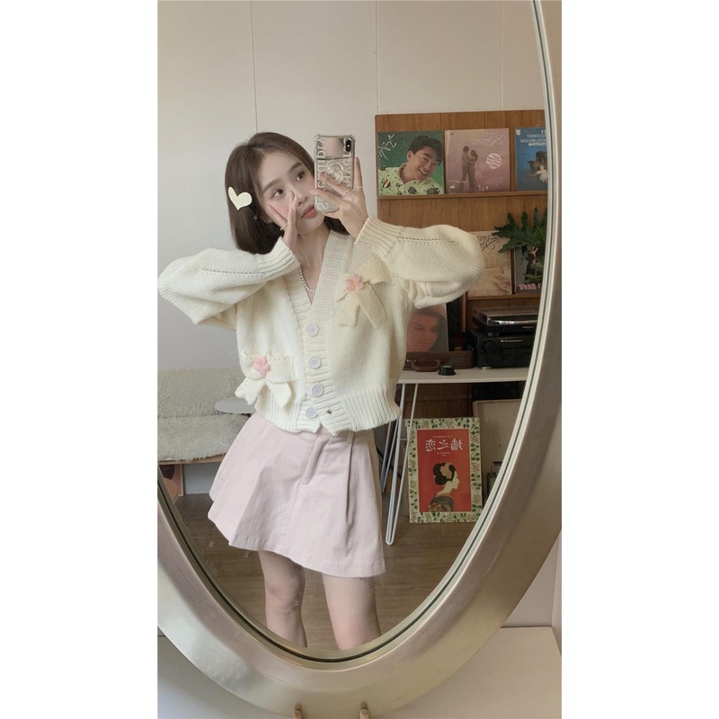 Áo Cardigan Dệt Kim Mềm Dáng Rộng Cổ Chữ V Thắt Nơ Xinh Xắn Thời Trang Cho Nữ