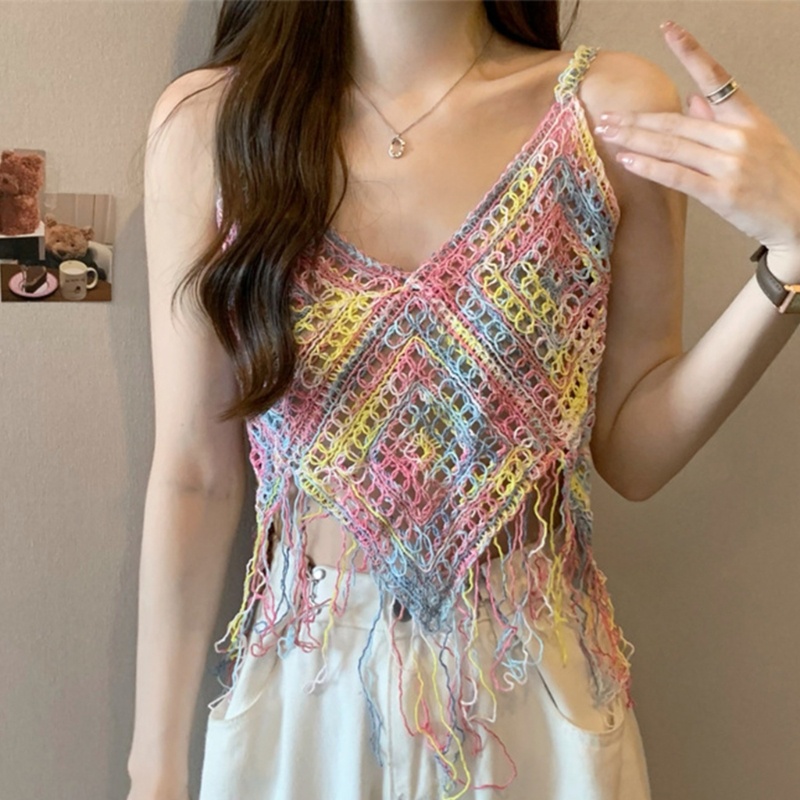 Áo Croptop Hai Dây Dệt Kim Không Tay Cổ Chữ V Thêu Họa Tiết Thời Trang Mùa Hè Dành Cho Nữ