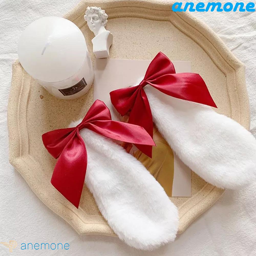 ANEMONE Kẹp Tóc Hình Nơ Phối Ruy Băng Lông Xù Xinh Xắn Đáng Yêu Cho Nữ