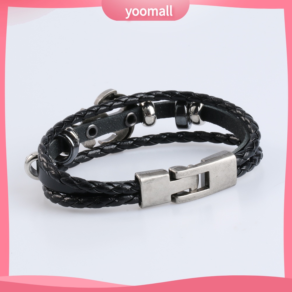 Vòng Tay Da Mặt Mỏ Neo Kim Loại Phong Cách Vintage Cho Nam