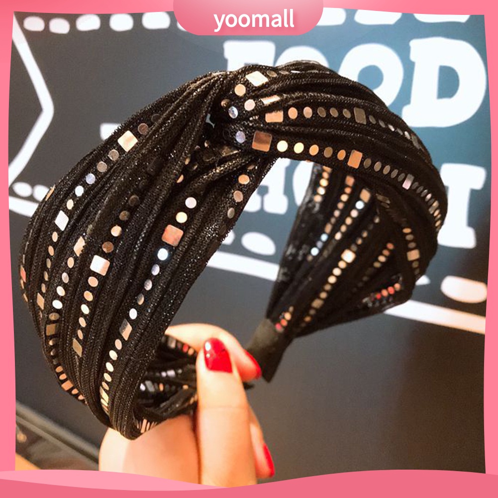 Băng Đô Cài Tóc Bản Rộng Đính Kim Sa Lấp Lánh Kiểu Vintage Cho Nữ