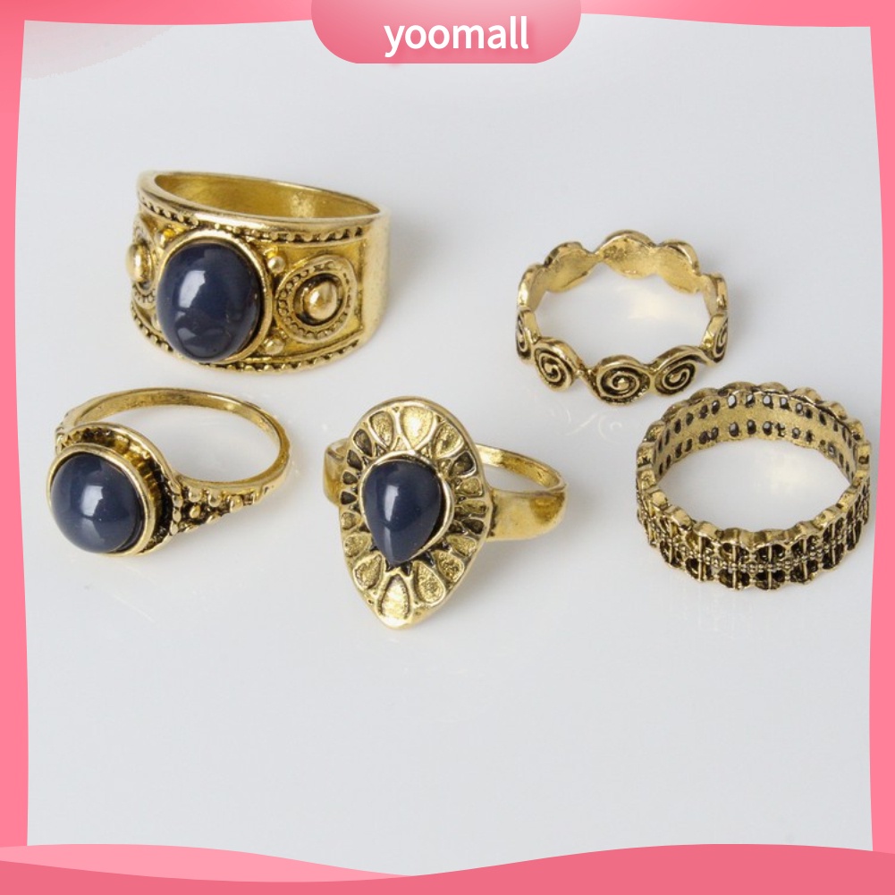 Bộ 5 Nhẫn Hợp Kim Đính Đá Xanh Phong Cách Bohemian Cổ Điển