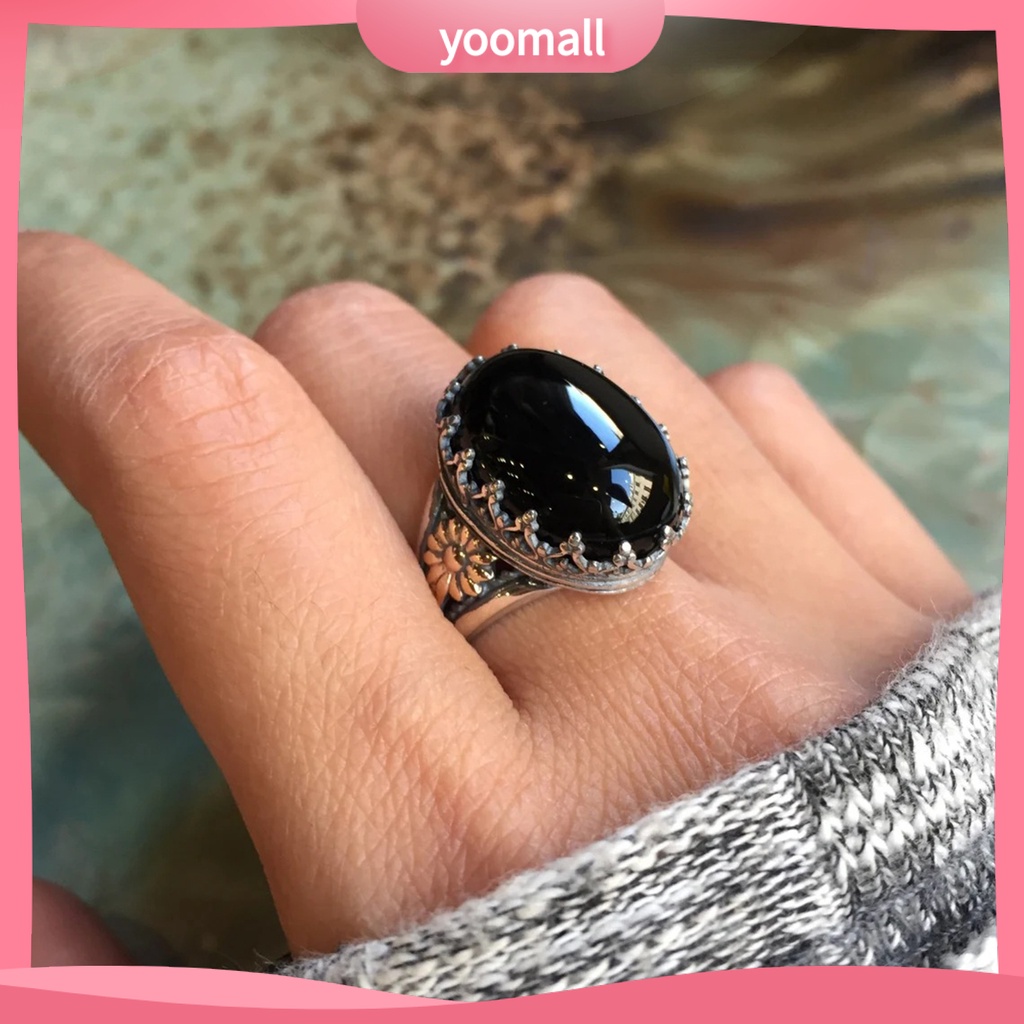 Nhẫn Unisex Bản Rộng Khắc Họa Tiết Hoa Đính Đá Nhân Tạo Phong Cách Rock