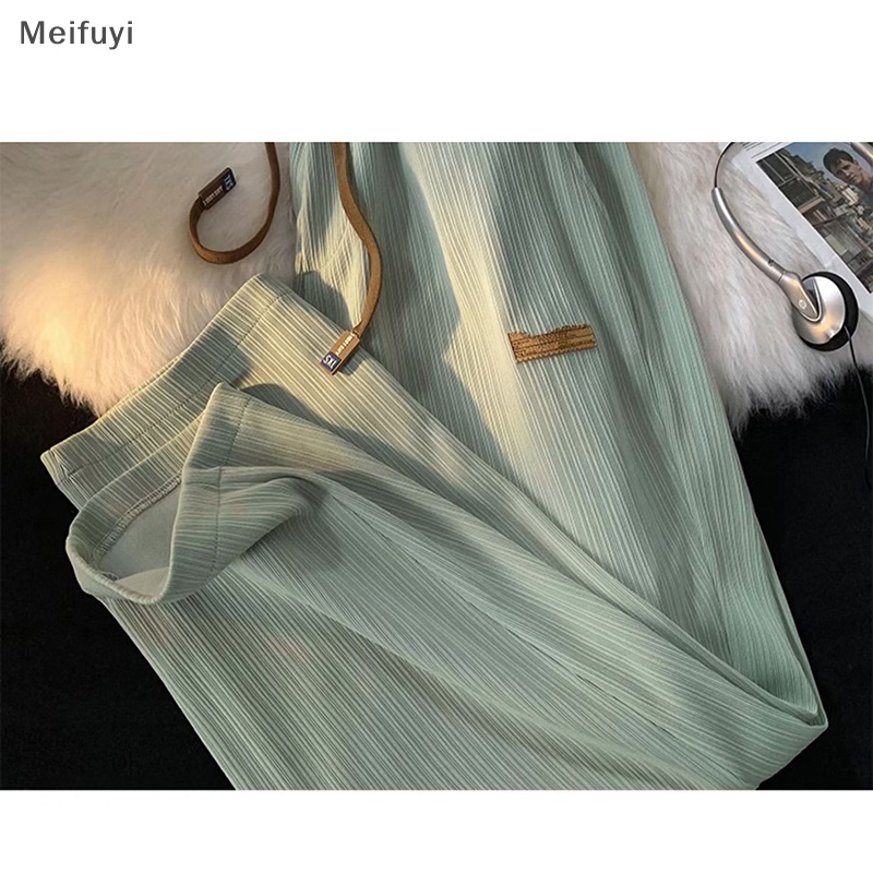 [Meifuyi] Mid-rise Elastic Waistband Pants Drawstring Pockets Ribbed Fast Drying Summer Ultra-thin Ice Silk Casual Trousers COD