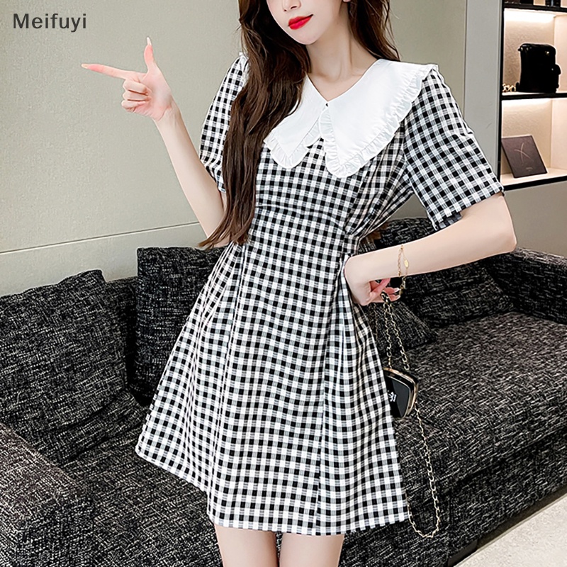 [Meifuyi] Women Summer Dress Short Sleeve Plaid Peter Pan Collar High Waist Casual Dresses COD