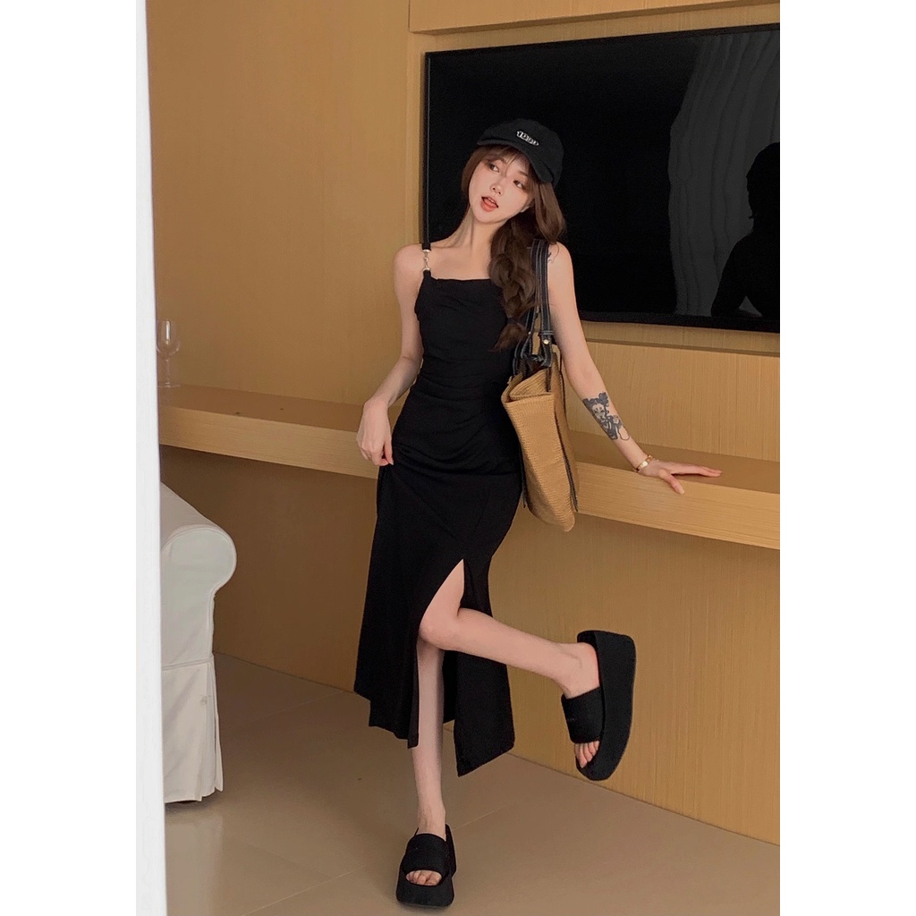 Đầm midi Dáng Ôm Hở Vai Màu Đen Trơn Phong Cách Hàn Quốc Thanh Lịch Sang Trọng Cho Nữ