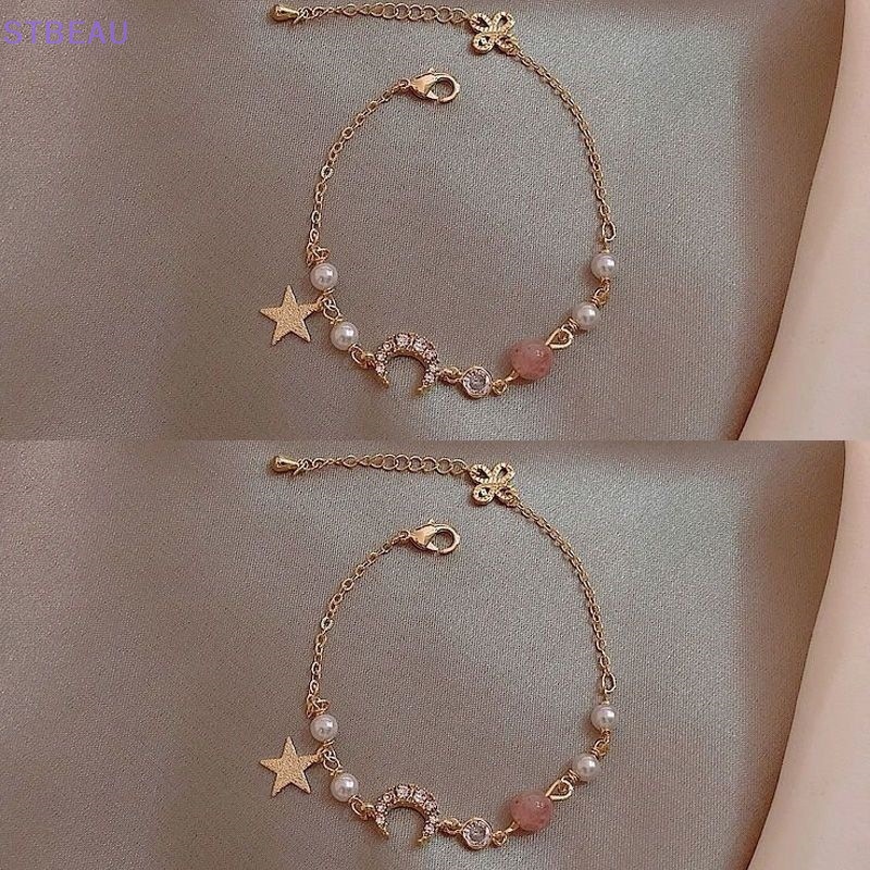 [Cxsteau] Vòng Tay Hợp Kim Mặt Hình Ngôi Sao Mặt Trăng Đính Đá Zircon Ngọc Trai Dễ Thương Thời Trang Làm Quà Tặng Trang Sức Cho Bạn Gái