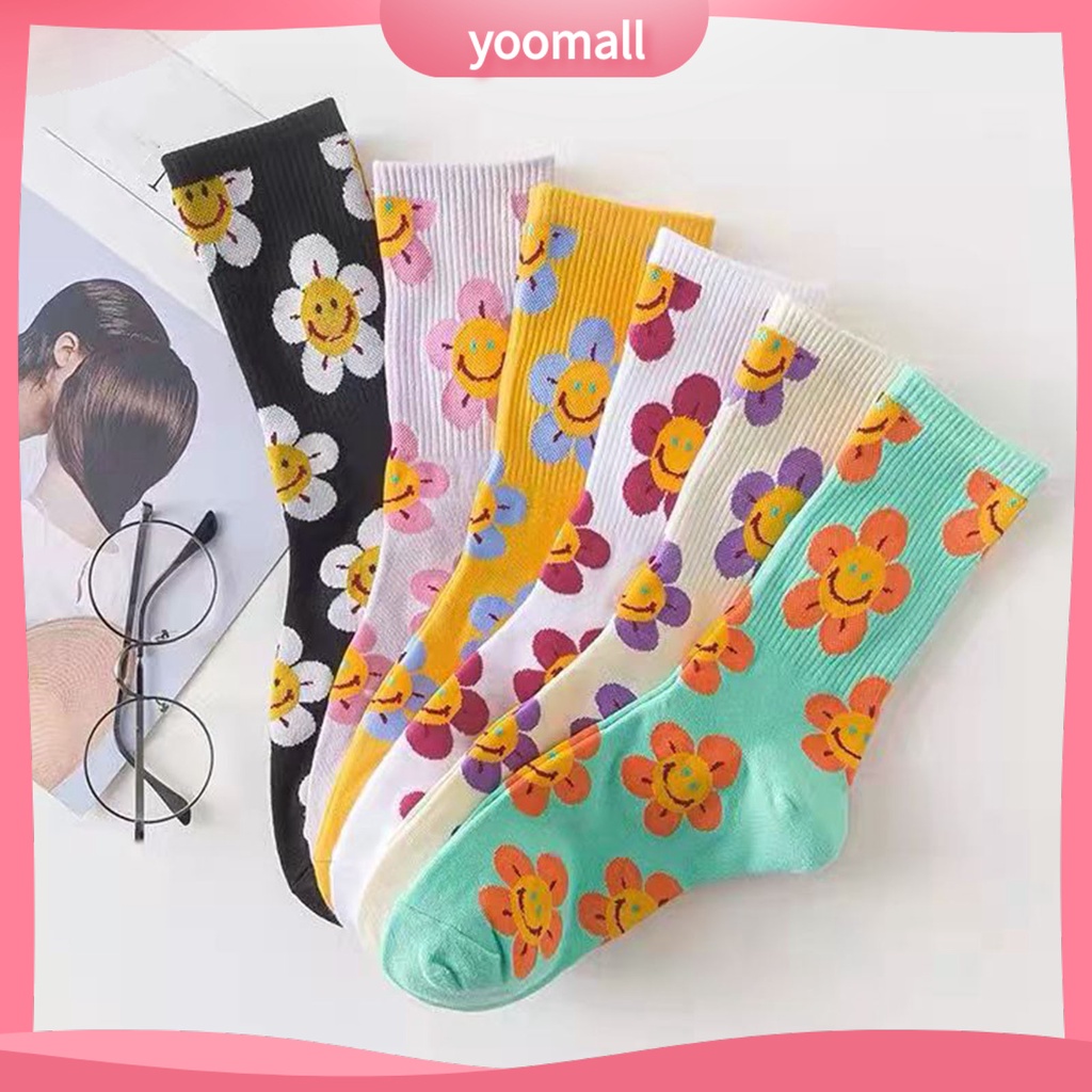 1 Đôi Vớ Thể Thao Dài Trung Bình Co Giãn Thoáng Khí Chống Mòn In Họa Tiết Hoa Hoạt Hình