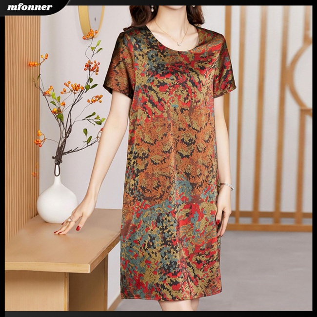 Đầm Chữ A Tay Ngắn Cổ Tròn Dáng Rộng Vải Lụa Lạnh In Hoa Văn Dân Tộc Thời Trang Mùa Hè Cho Bạn Gái