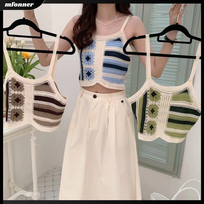 Áo Tank Top Dệt Kim Sát Nách Dáng Rộng Thêu Họa Tiết Kẻ Sọc Kiểu Bohemian Thanh Lịch Cho Bạn Gái