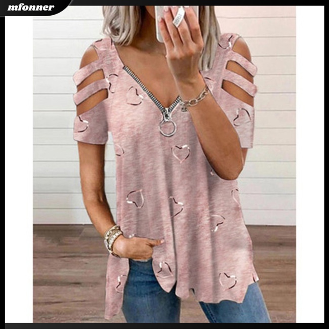 Áo Thun Tay Ngắn Dáng Rộng Cổ Chữ V Có Khóa Kéo In Họa Tiết Thanh Lịch Cho Bạn Gái