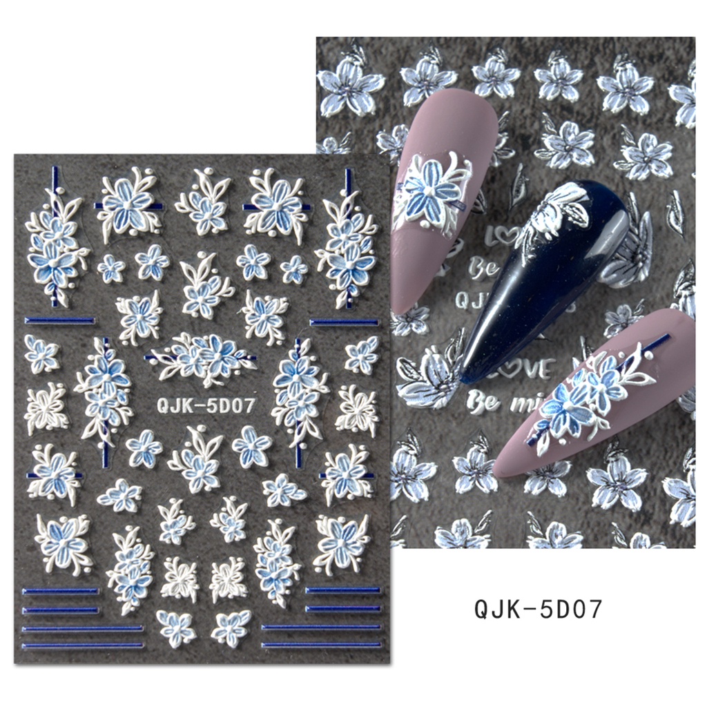 Set 3 Tấm Nhãn Dán Trang Trí Móng Tay In Nổi Họa Tiết Hoa Trà Xanh Dương Mùa Xuân Hè