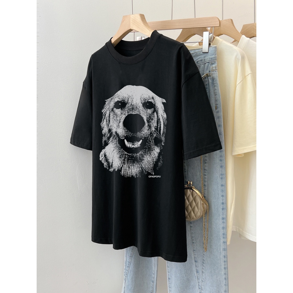 Áo Thun Đen Tay Ngắn Dáng Rộng In Họa Tiết Hoạt Hình Chú Chó Dễ Thương Phong Cách Hàn Quốc Thời Trang Mùa Hè Cho