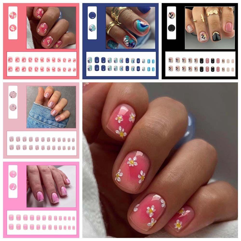 Bộ Móng Tay Giả Ngắn Bằng Nhựa Che Phủ Toàn Diện Họa Tiết Hoa Lá DIY