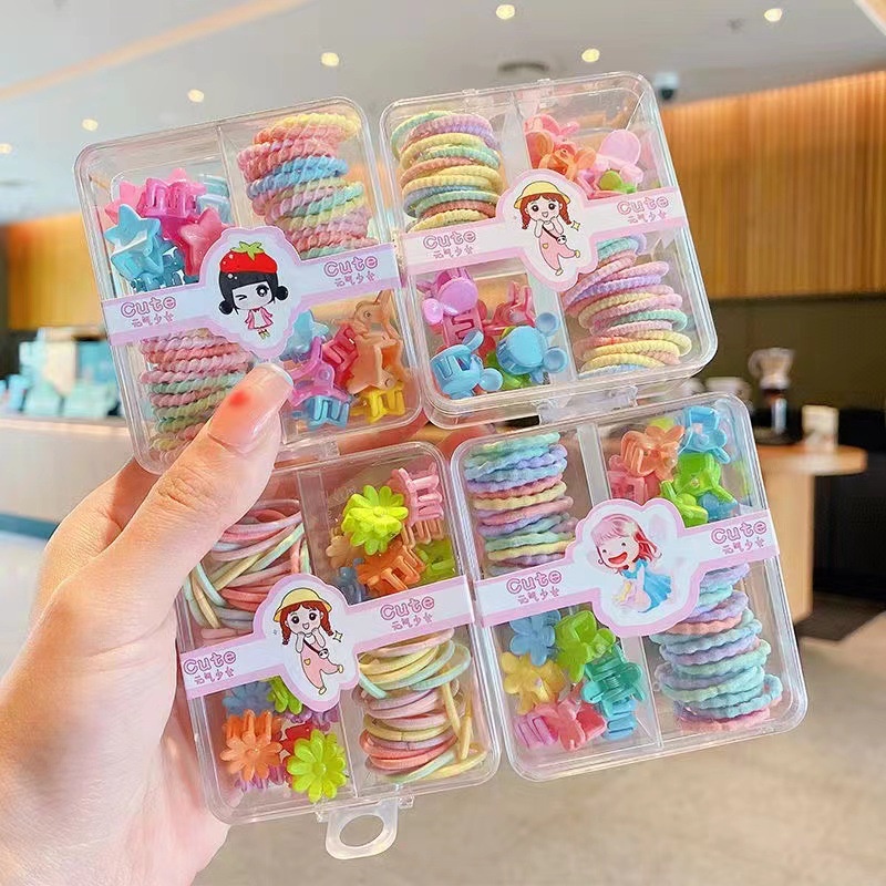 Hộp 40 Buộc Tóc Và 14 Kẹp Tóc Cho Bé Gái Siêu Yêu PKT32
