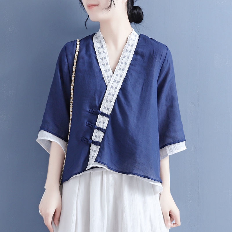 [LININ] Áo Sơ Mi Cotton Lanh Ba Mảnh Buộc Dây Chéo Phối Nút Phong Cách Cộng Hòa Cho Nữ