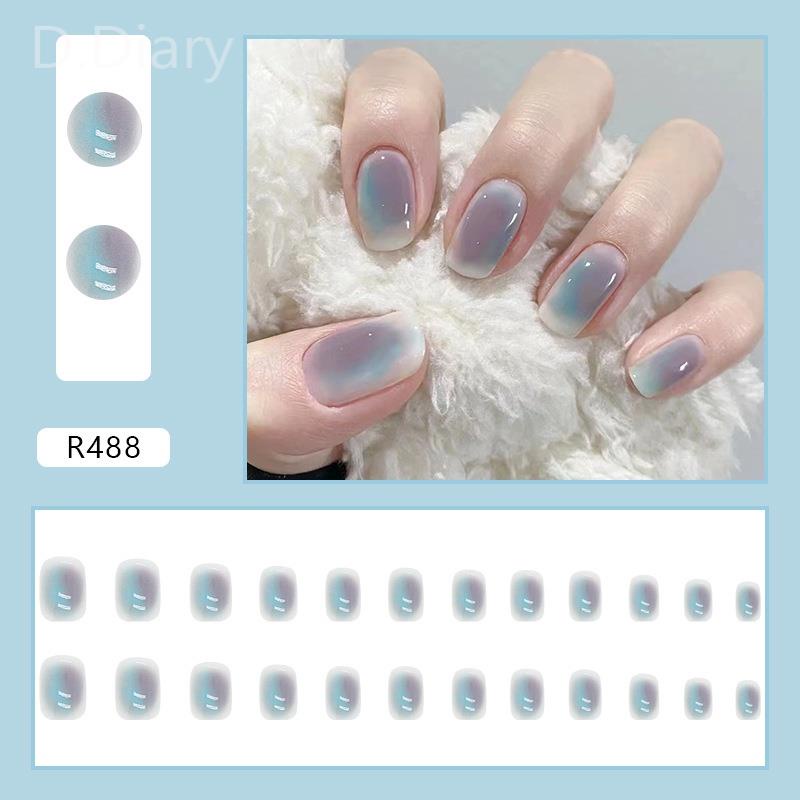 Set 24 Móng Tay Giả Dáng Dài Hở Lỗ Màu Cầu Vồng Xanh Dương Gradient Phong Cách Pháp Có Thể Tái Sử Dụng Che Phủ Toàn Diện