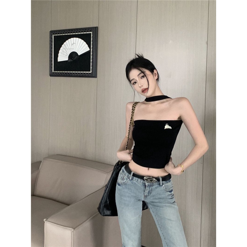 Sodazzz Áo Ống Ngắn Không Tay Thêu Hình Thời Trang Mùa Hè Màu Trơn Dành Cho Bạn Nữ