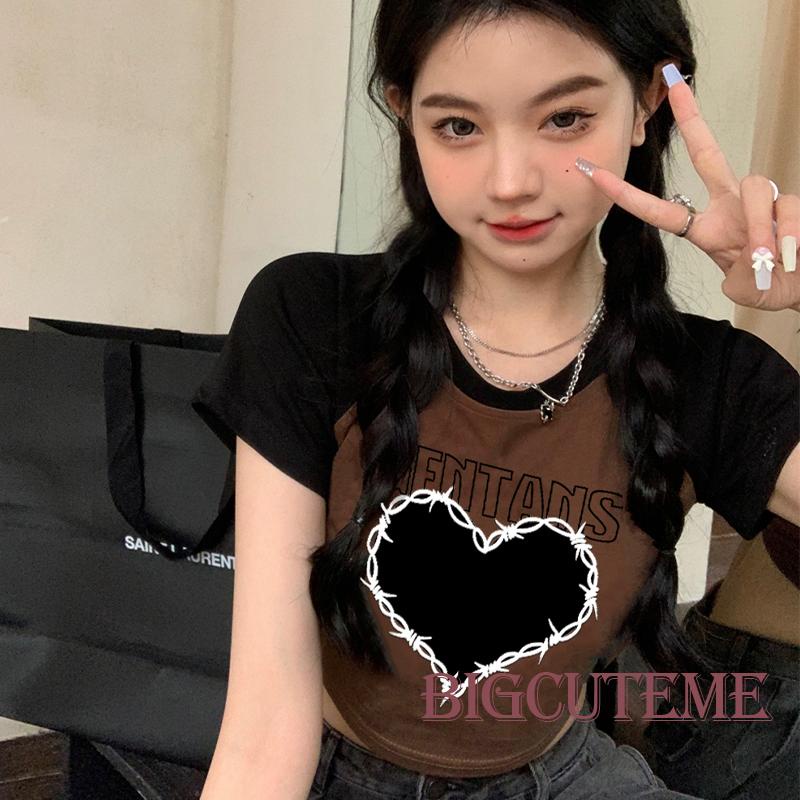 Áo Thun Crop Top Tay Ngắn Cổ Tròn In Hình Trái Tim Và Chữ Thời Trang Mùa Hè Cho Bé Gái