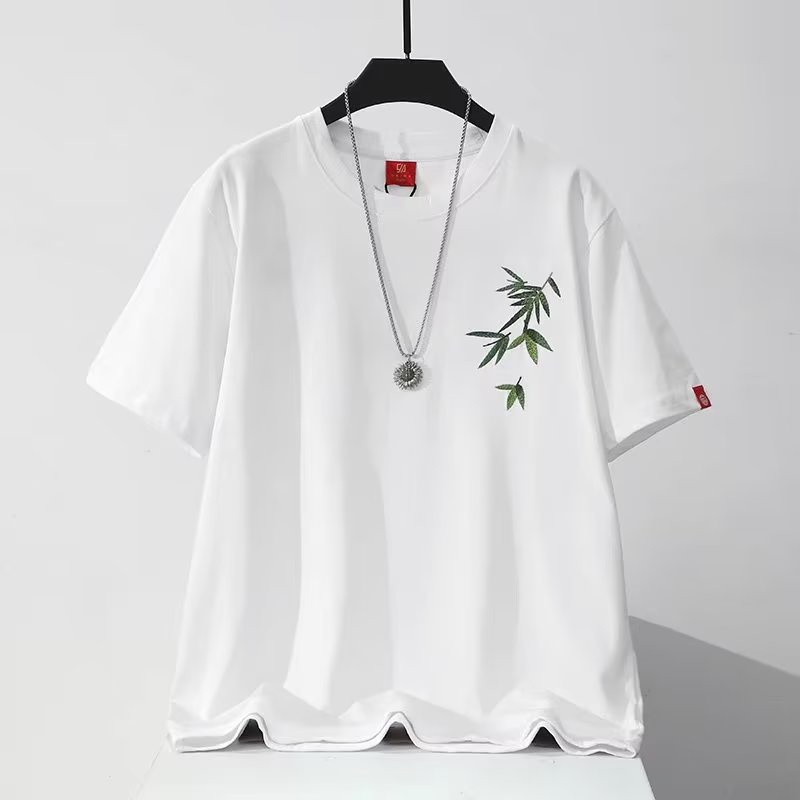 Áo Thun Tay Ngắn Dáng Rộng Thêu Hình Lá Tre Thời Trang Cá Tính Cho Nam