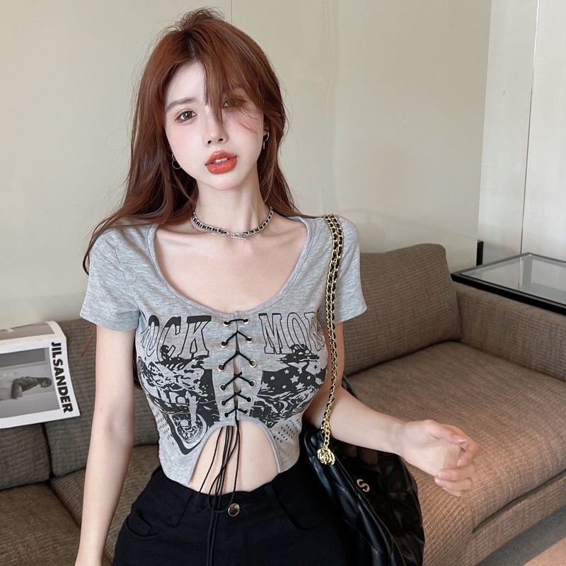 Áo Croptop Ngắn Tay Phối Dây Cột Thời Trang Quyến Rũ Cho Nữ