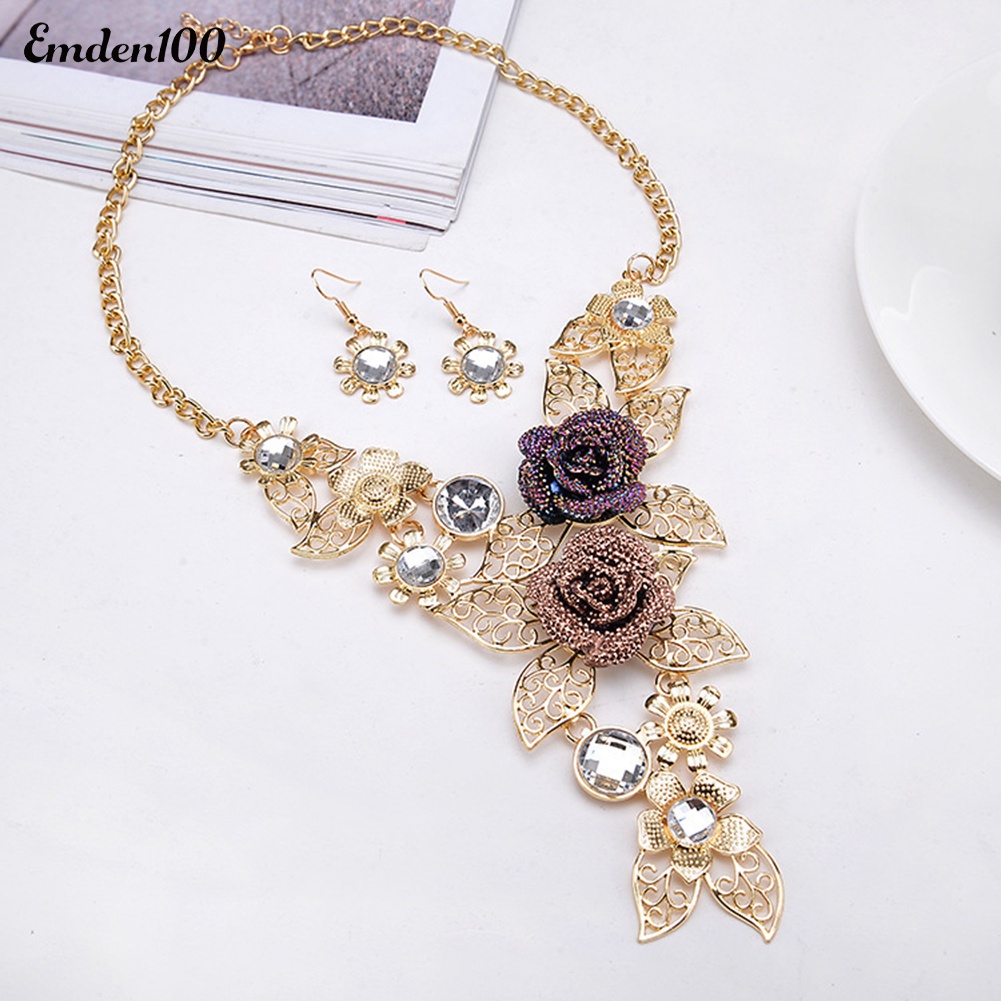 Bộ Vòng cổ + Bông Tai Đính Đá Hình Hoa Lá Duyên Dáng Cho Nữ