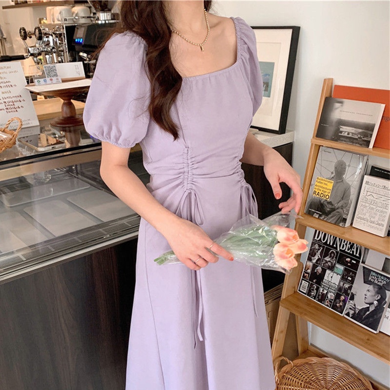 Đầm LIVE GREAT cổ vuông tay phồng phối dây rút phong cách Hong Kong thời trang mùa hè cho nữ