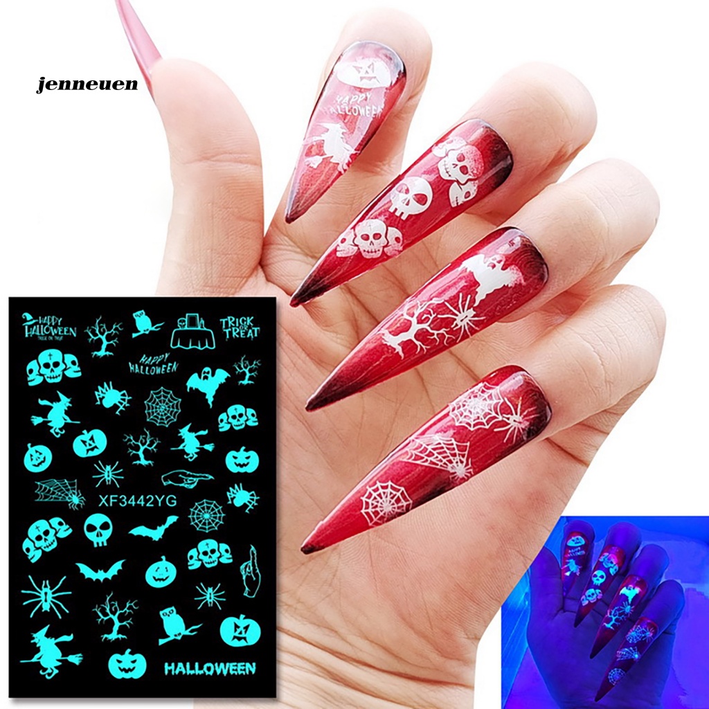 Set 12 Nhãn Dán Móng Tay Dạ Quang Tự Dính Họa Tiết Halloween Tinh Tế