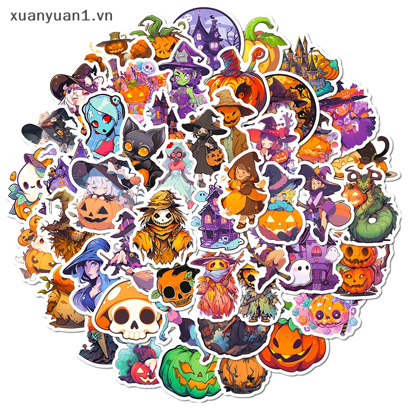 Set 50 Nhãn Dán Trang Trí Xe Hơi / Laptop / Xe Máy Họa Tiết Halloween Chống Thấm Nước