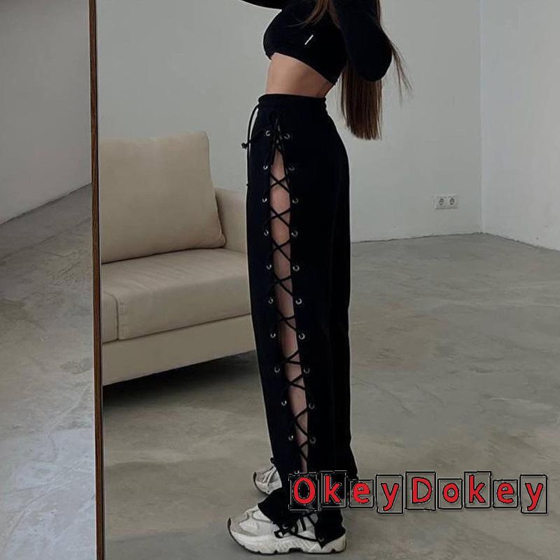 Quần Baggy Ống Rộng Màu Trơn Phối Dây Rút Cá Tính Cho Nữ