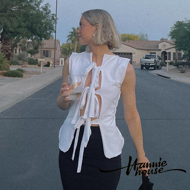 Hannie-áo Vest Cắt Cà Vạt Phía Trước Mùa Hè Cho