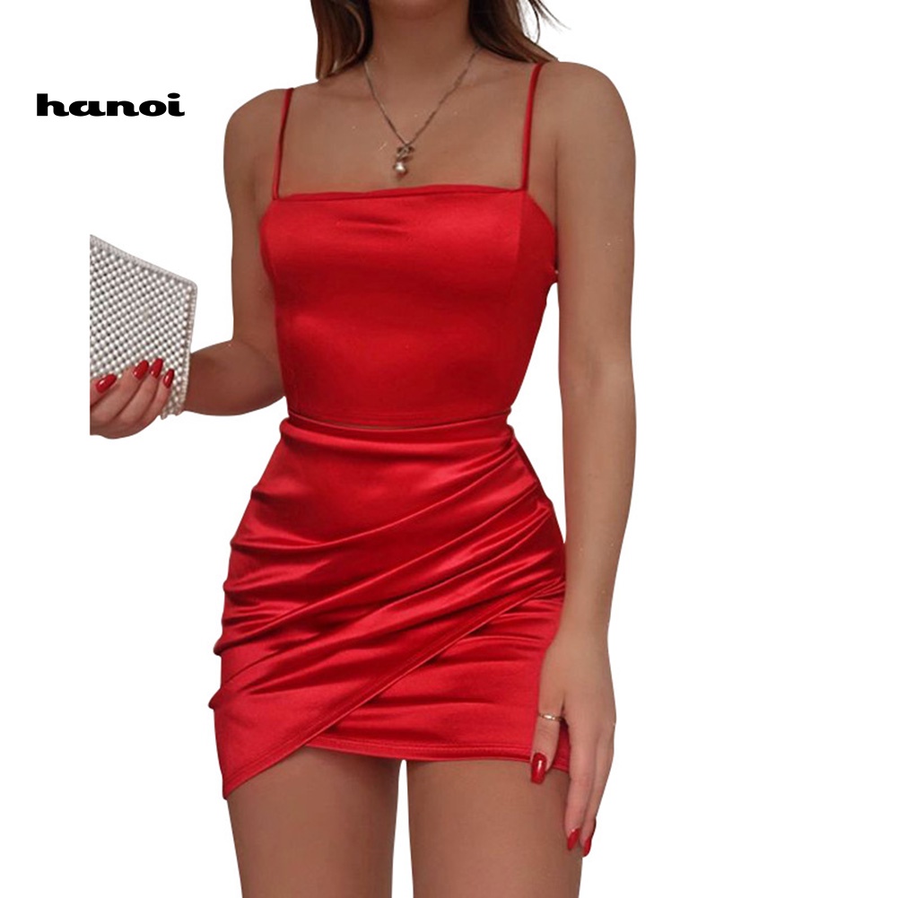 Han_đầm Hai Dây Ôm Dáng Mini Hở Lưng Màu Trơn Gợi Cảm Cho Nữ