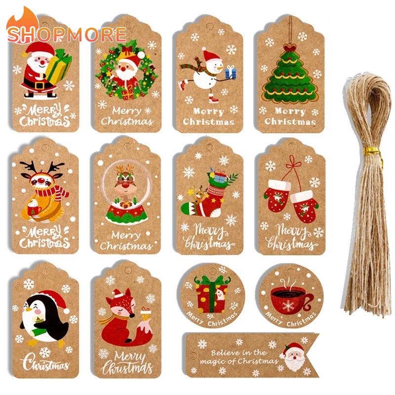 Set 50 Thẻ Giấy Kraft In Họa Tiết Giáng Sinh Trang Trí Cây Thông Noel
