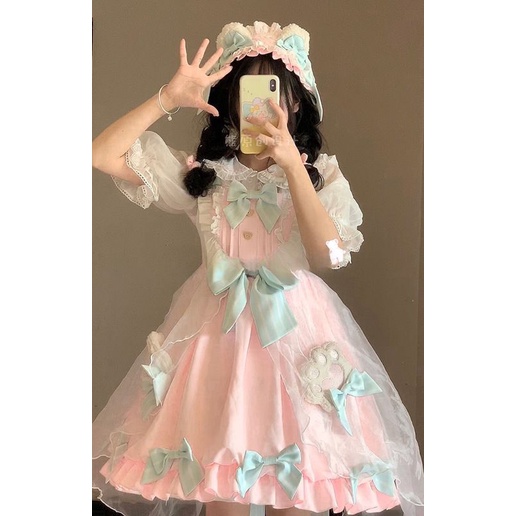 Đầm Hai Dây Dáng Rộng Họa Tiết Bông Hoa Phong Cách Lolita Ngọt Ngào