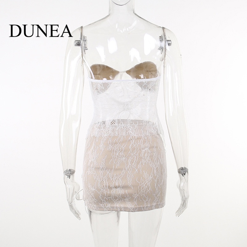 DUNEA Set Áo Váy Rút Dây Hai Lớp Phối Ren Thời Trang Mùa Hè Cho Nữ