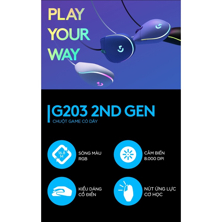 Chuột game có dây Logitech G203 Lightsync - Tùy chỉnh RGB, 6 nút lập trình, nhẹ NB-G203