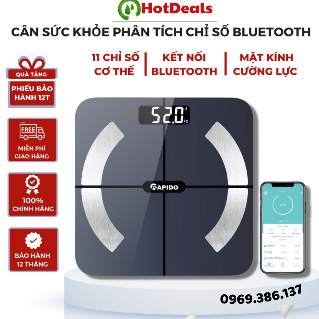 Cân điện tử sức khỏe KAW - RAPIDO RSB02-S, kết nối bluetooth phân tích chỉ số cơ thể đo tỷ mỡ, béo phì