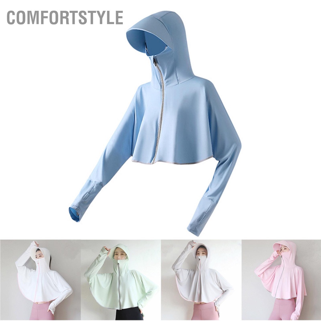 Comfortstyle Áo khoác hoodie chống nắng Ice Silk dài tay có lỗ đeo khẩu trang sơ mi ngắn làm mát mũ trùm đầu ngoài trời dành cho phụ nữ vành