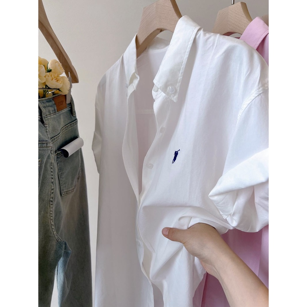 Ralph Laure * soft lapel loose all-match age-reducing short sleeve all-match shirt Women's cotton 2023 Summer new top